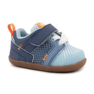 See Kai Run First Walker Shoes for infants and toddlers, wide with flexible soles, shown in Stevie Mini, khaki color with Velcro
