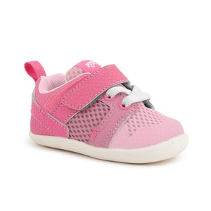 See Kai Run First Walker Shoes for infants and toddlers, wide with flexible soles, shown in Stevie Mini, khaki color with Velcro