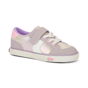 See Kai Run brand kids sneakers, flexible and wide, shown in Kristin Silver and Pink low top design