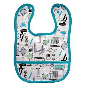 Thirsties brand snapping baby food bib with pocket, shown in Pawsitive Pals cat and dog print