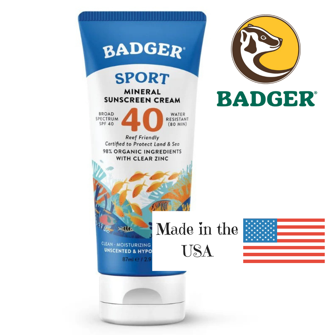 Badger Sport Mineral Sunscreen Cream tube with branding and product details on a white background, made in the USA