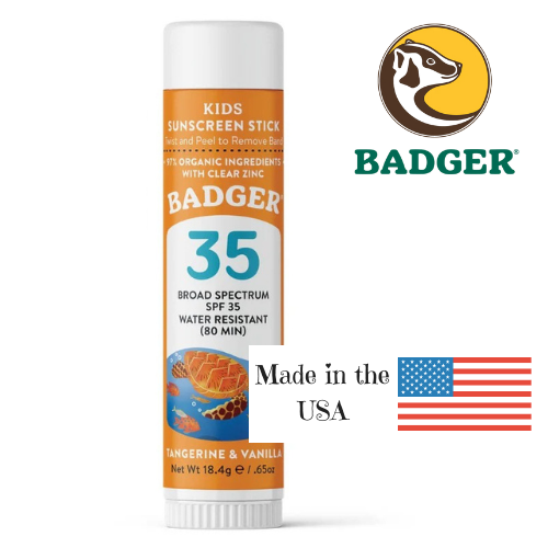 Badger Kids Sunscreen Stick SPF 35 on a white background, made in the USA