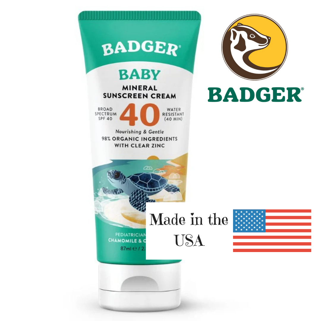 Badger Baby Mineral Sunscreen Cream tube with turtle illustration on a white background, made in the USA