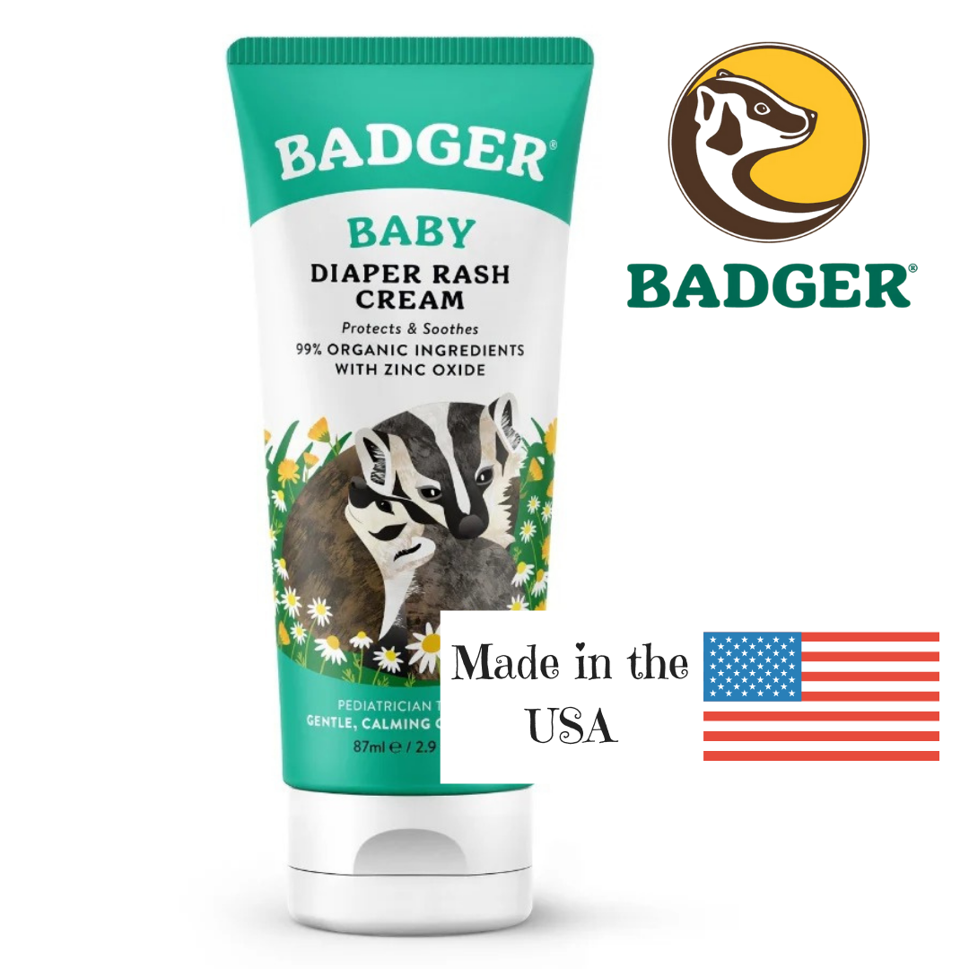 Badger Baby Diaper Rash Cream packaging with brand logo and 'Made in the USA' text.