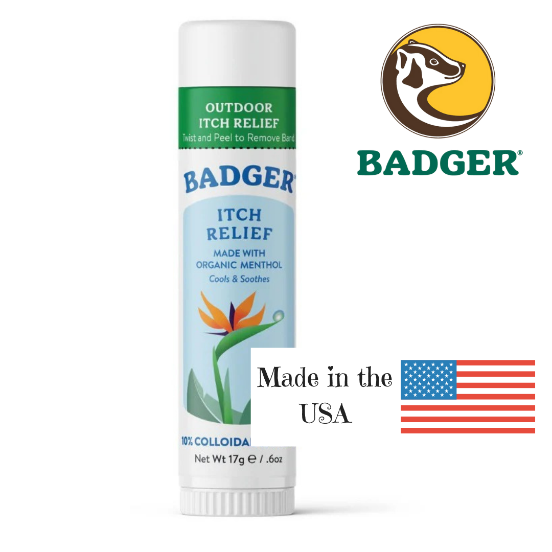 Badger Itch Relief stick with branding and product details on a white background, made in the USA