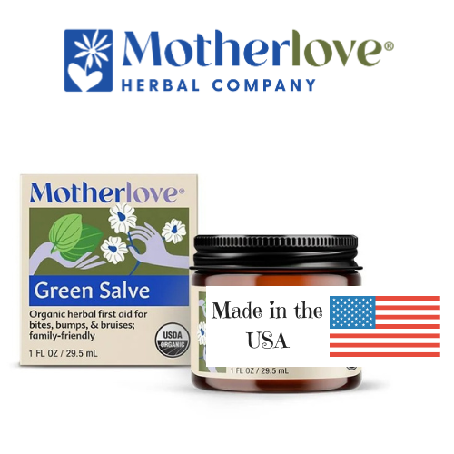 Motherlove Green Salve packaging and jar on a white background