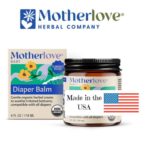 Motherlove diaper balm packaging with jar and box on a white background