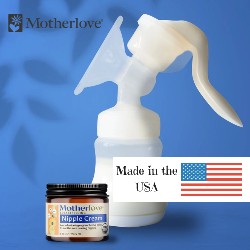 Motherlove nipple cream and manual breast pump with 'Made in the USA' text on a blue background