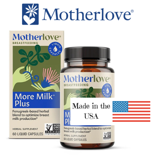 Motherlove More Milk Plus supplement bottle and packaging with 'Made in the USA' label on a white background.