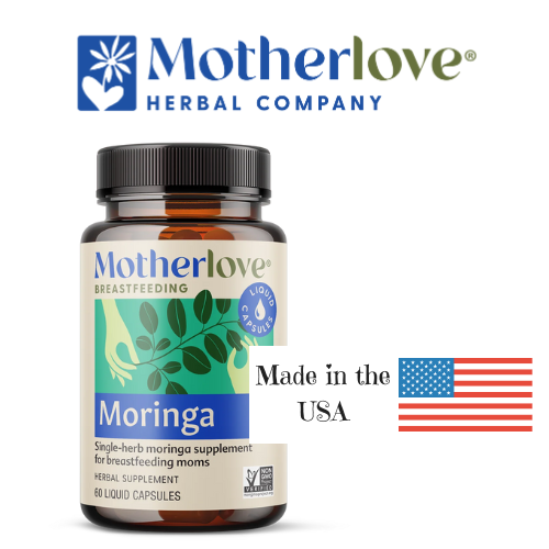 Motherlove Moringa supplement bottle with branding and 'Made in the USA' text on a white background