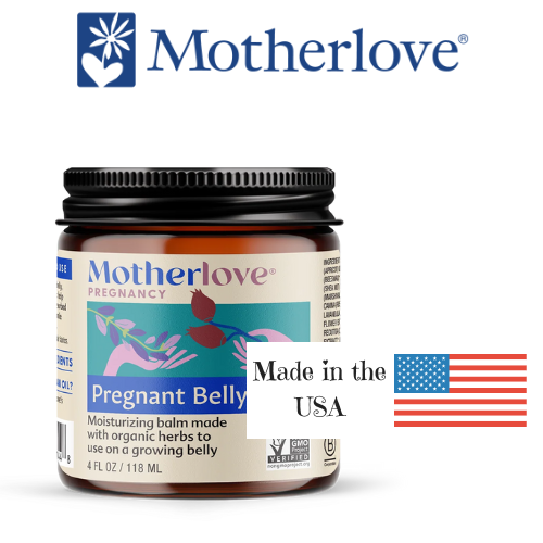 Motherlove Pregnant Belly balm jar with branding and product details on a white background