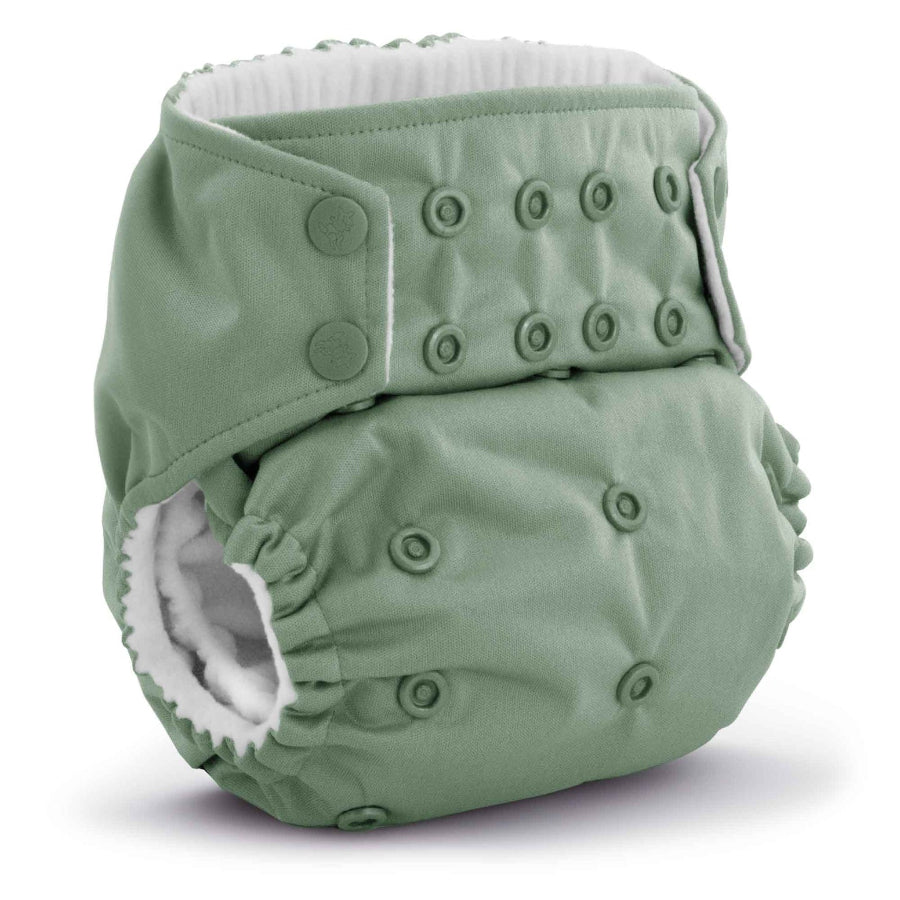 Rumparooz pocket diaper made with athletic wicking jersey inner and adjustable sizing, shown with snap closure, in willow green color
