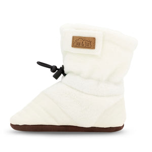 Cozy Stay-Put Booties for babies, with toggle at ankle, shown in heather grey solid color