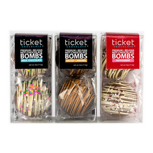 double packs of ticket hot cocoa bombs, 3 flavors