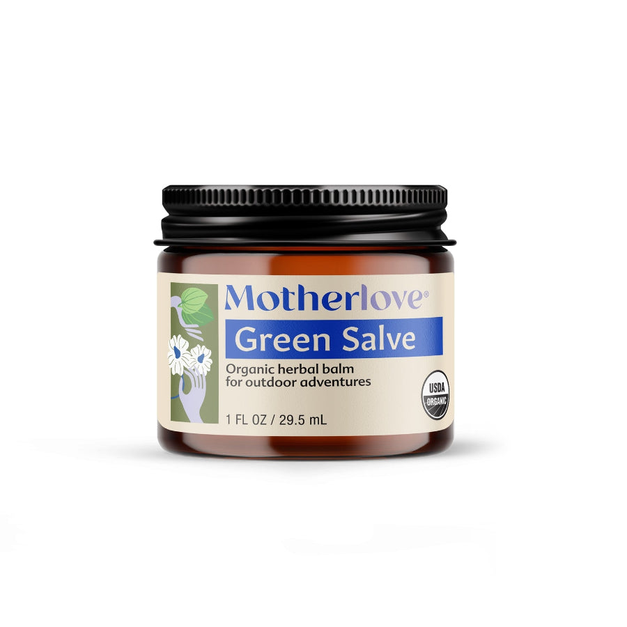 Motherlove Green Salve packaging and jar on a white background