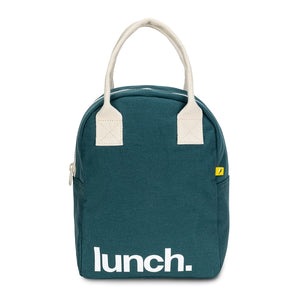 Fluf brand organic cotton sustainable lunch bag, shown in cat print with yellow handle, on blue and orange