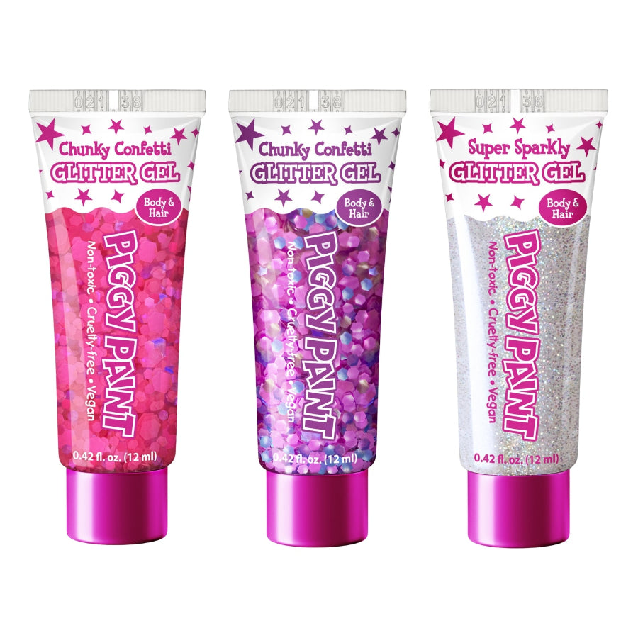 Three tubes of Piggy Paint glitter gel on a white background