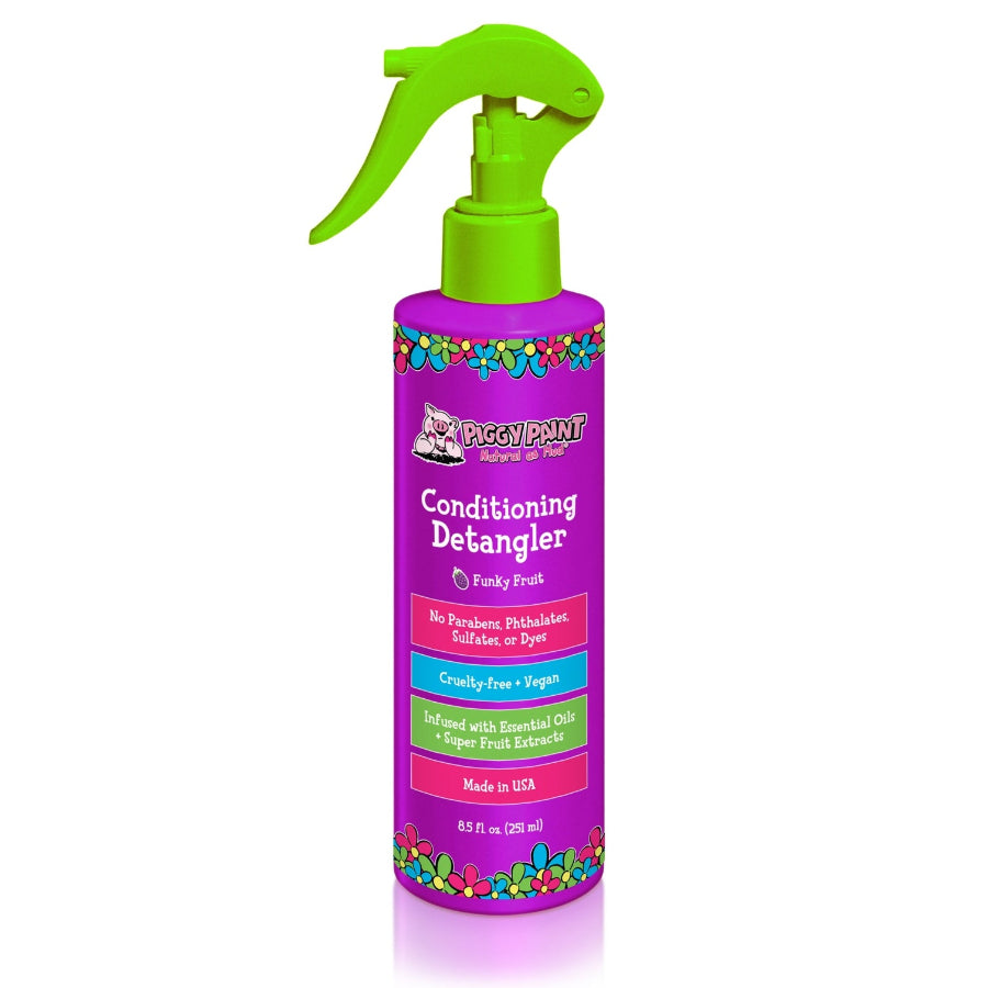 Piggy Paint natural brand, kids hair detangler in purple bottle with green spray nozzle