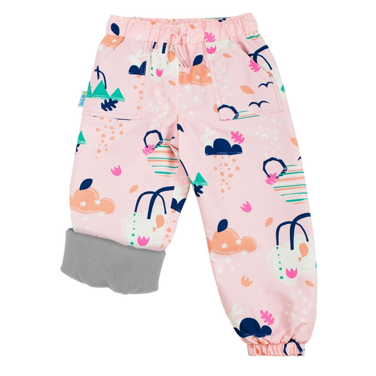 Jan & Jul Rain & Winter Waterproof Pants for kids, cozy-dry for rain and snow, shown in purple dream print