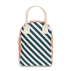 Fluf brand organic cotton sustainable lunch bag, shown in cat print with yellow handle, on blue and orange