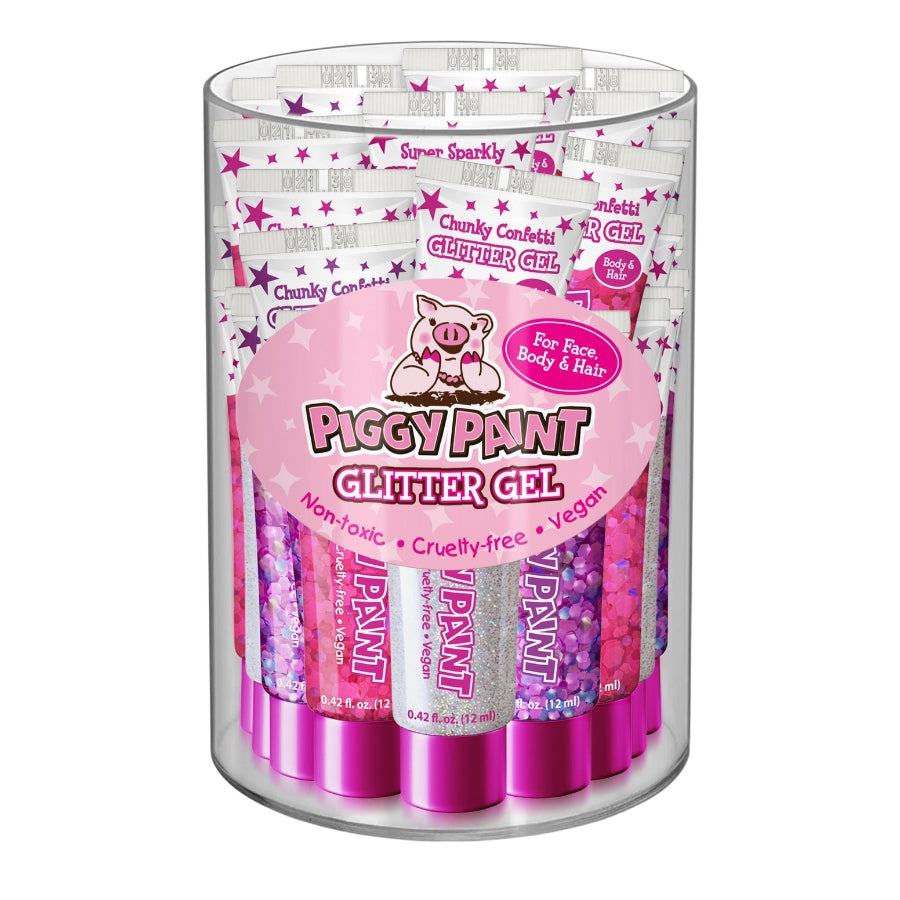 Three tubes of Piggy Paint glitter gel on a white background