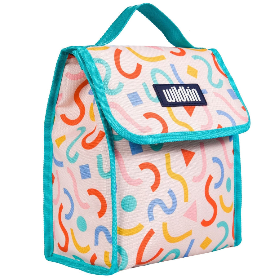 Lunch bag with handle on top, wildkins brand, wildflowers navy print on white background