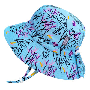 Jan and Jul Aqua Dry Bucket Hat in spring flowers print on blue, kids hat