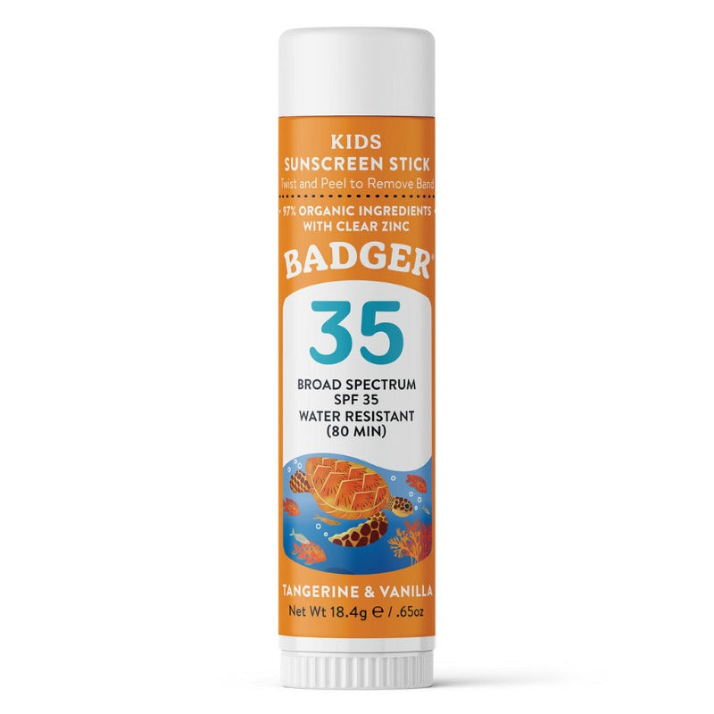Badger Kids Sunscreen Stick SPF 35 on a white background, made in the USA