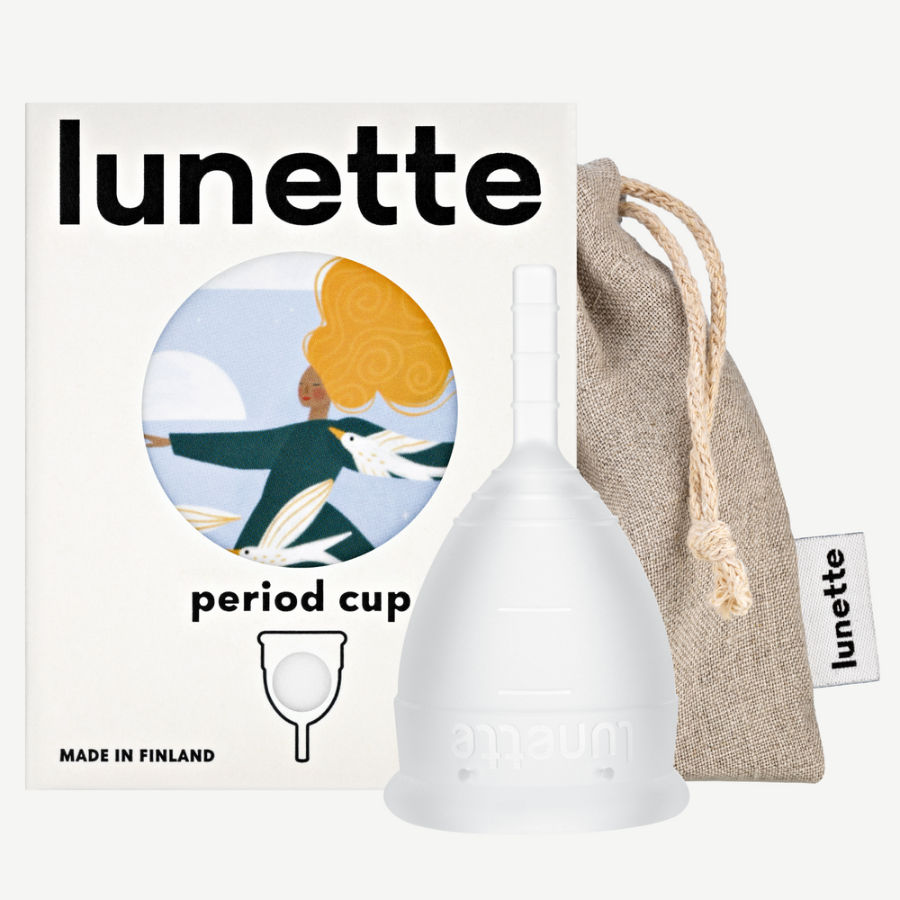 Purple menstrual cup from Lunette brand,  with packaging and drawstring bag on a white background