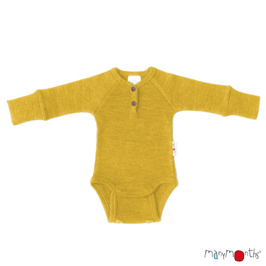 ManyMonths long sleeve wool bodysuit for babies, with 2 buttons at neck, shown in dark cerise dark pink color