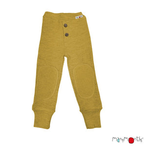 Many Months brand wool joggers for toddlers, shown in mustard color, adjustable
