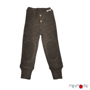 Many Months brand wool joggers for toddlers, shown in mustard color, adjustable