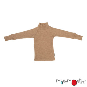 ManyMonths Natural Wool Clothing for kids, showing turtleneck top with integrated fingerless mittens, shown in nutty granola color