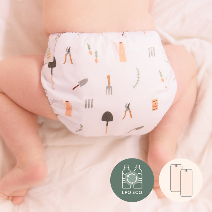 La Petit Ourse LPO ECO 2 Recycled Pocket Diaper, made from 2 plastic bottles, shown in rainbow print