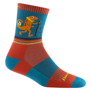 Darn Tough Kids Wool Socks, made in Vermont, shown in kids micro crew ty rex navy blue sock