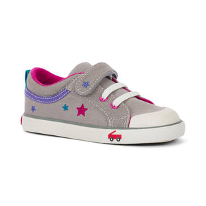 See Kai Run brand kids sneakers, flexible and wide, shown in Kristin Silver and Pink low top design