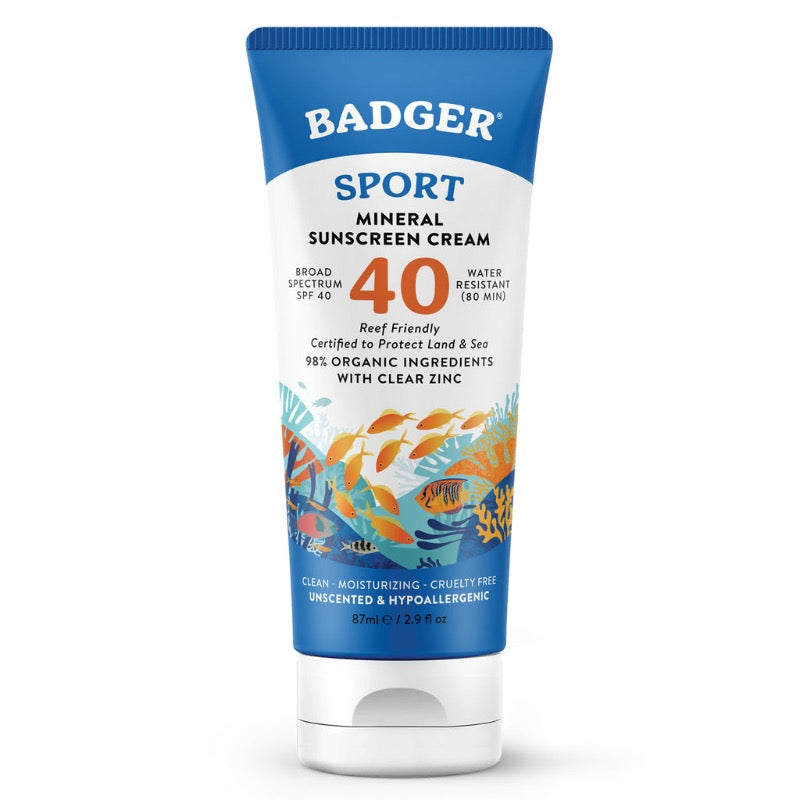 Badger Sport Mineral Sunscreen Cream tube with branding and product details on a white background, made in the USA