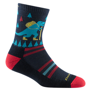 Darn Tough Kids Wool Socks, made in Vermont, shown in kids micro crew ty rex navy blue sock