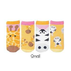 4 pack of mix and matched toddler socks with grippers on bottom, shown in racoon and fox set