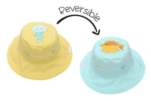 flapjack kids reversible cotton hat with purple giraffe style on one side and light blue with ostrich on the other side