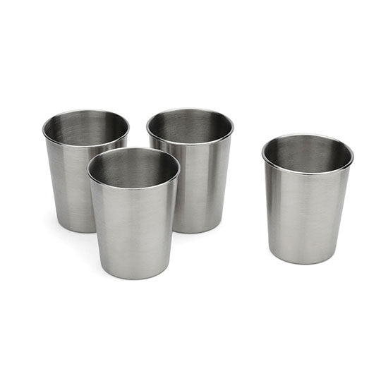 Stainless steel cups in 8 ounce size, curled top edge for drinking comfort