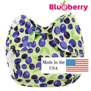 Blueberry NEWBORN Simplex Organic All-in-One Diaper, Blueberry print, purple and blue blueberries on mint green background, made in USA,  6-16 pounds