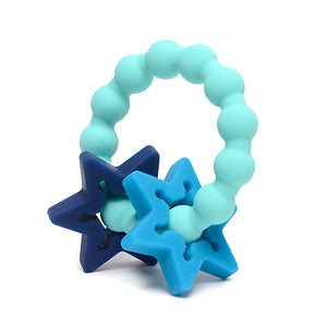 sheriff chewbeads CB GO Central Park teether in 3 shades of blue measures 7.8 x7.7 x 1.9 inches