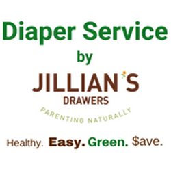 rose colored gift box with white ribbon with the Jillians Drawers logo and the words, Give Toward Diaper Service