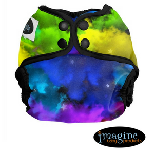 Snap closure Imagine Newborn Diaper Cover, Rainbow Skies print, tied dyed pattern in brilliant blue, purple, greens, and yellow with Imagine logo