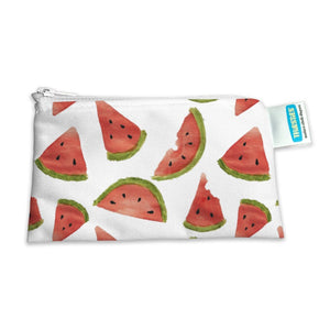 Thirsties brand reusable mini snack bag with zipper, made in the usa, shown in berry patch berry print