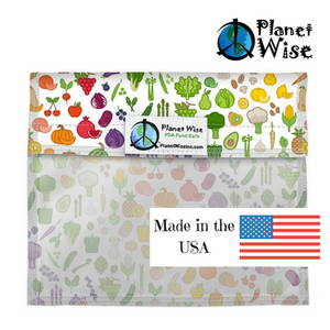 Planet Wise Reusable Snack Window Bag, Farmers Market print, multi-colored fruits and vegetables measures 5.5" x 7" and is made in the USA