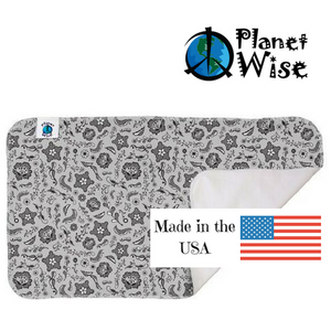 planet wise changing pad, Lace print, shades of grey stars and designs on grey background measures 13" x 21" with made in USA logo