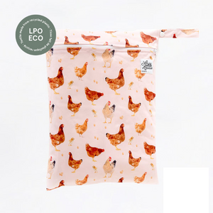 La Petit Ourse brand washable wet bag with zipper opening and handle, shown in chicken print, LPO Eco recycled plastic textile
