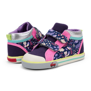 See Kai Run brand kids sneakers, flexible and wide, shown in Kristin Silver and Pink low top design